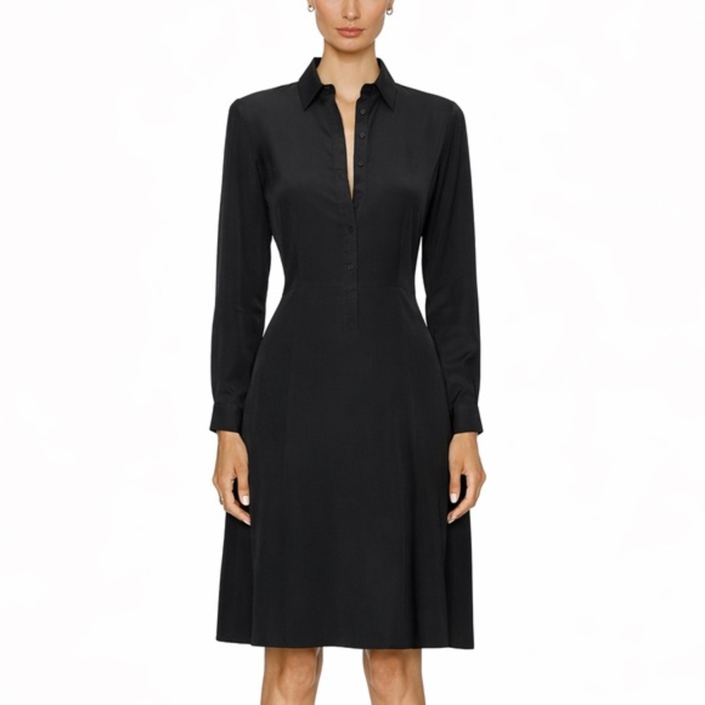 Nili Lotan Eve Shirt Dress Women’s Size 0 Black 100% Silk Long Sleeve‎ Midi USA
